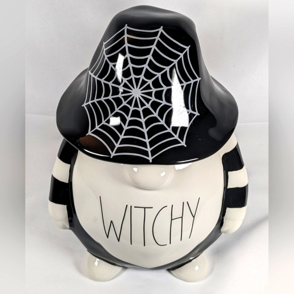 Rae Dunn 2021 Witchy Gnome Halloween Cookie Jar with Spiderweb Hat - Picture 2 of 7